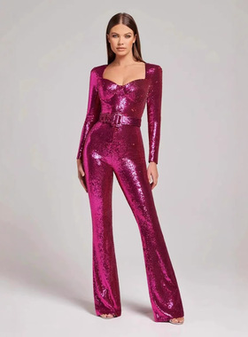 2025 New Women's Long Sleeve Belt Mopping Jumpsuit Sequined