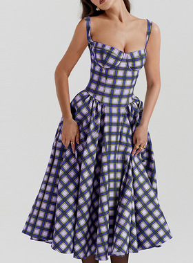 2026 Women's Court Sleeveless Strap Open Back Plaid Dress