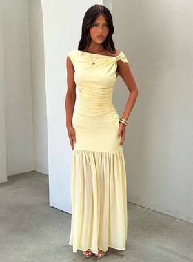 Fashion One-shoulder Kink Pleated Waist Dress Mesh Stitching