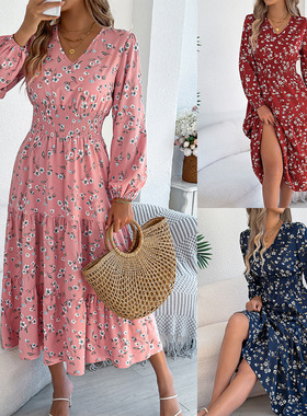 2026 Elegant Flower V-neck Long Sleeve Waist Flounced Dress