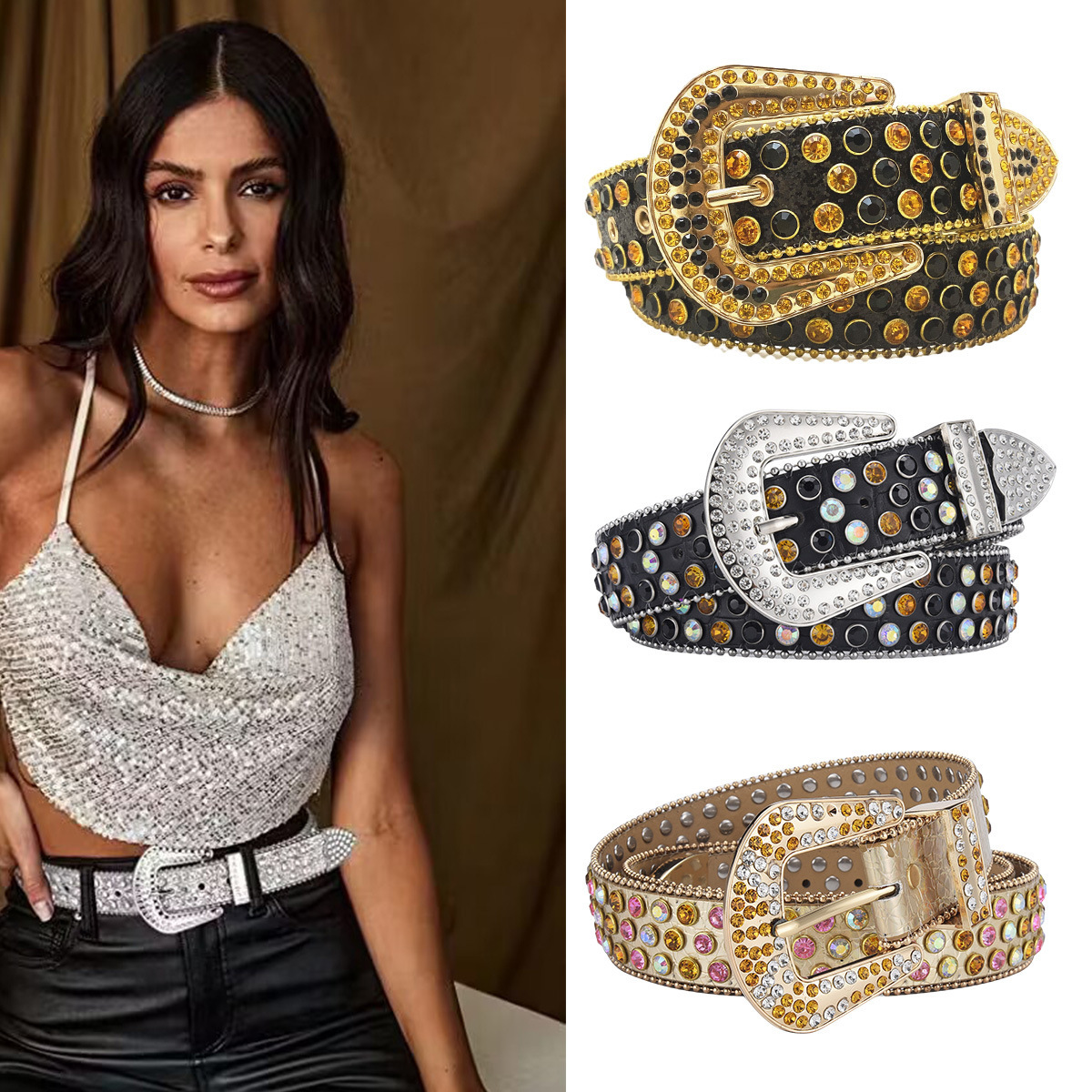 2025新款镶嵌男士理发师水钻配饰牛仔裤腰带女演员表亮片高级皮带