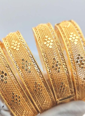 2025新款女款中东镂空网络开口沙金手镯首饰非洲印度婚礼金镯子