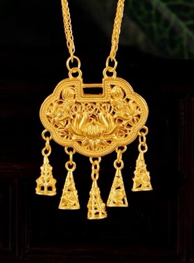 金店同款古法莲花如意同心锁吊坠流苏项链国潮中式锁骨链女饰品