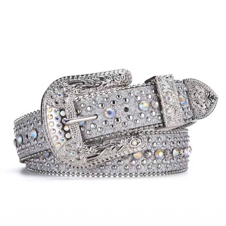 2025名媛水钻皮带女歌手ins风个性亮片珠子针扣牛仔裤银色宽腰带