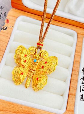 2025新女款古法沙金珐琅彩镂空花丝蝴蝶吊坠韦雪同款时尚蝴蝶项链
