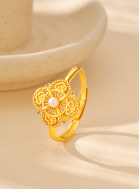 新款沙金花戒指女 古法沙金花丝工艺高级设计感镶嵌珍珠 一件