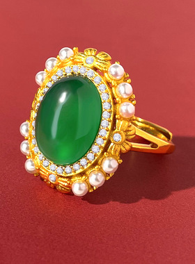 西洋复古戒指仿沙金人工珍珠镀锡金工艺镂空绿玻石欧币工艺