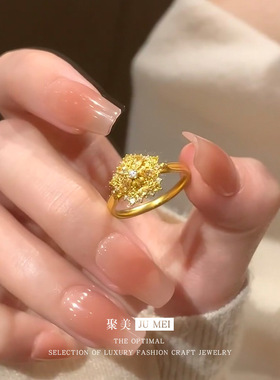橙光沙金雪花闪钻戒指女精致时尚高级感小众设计个性款食指戒