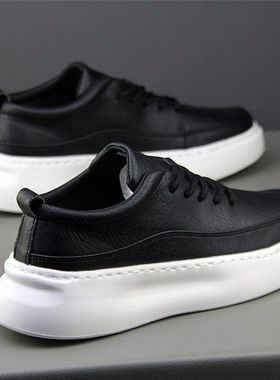 王力宏同款百搭男士休闲小白鞋厚底增高运动板鞋黑色系带男鞋皮鞋