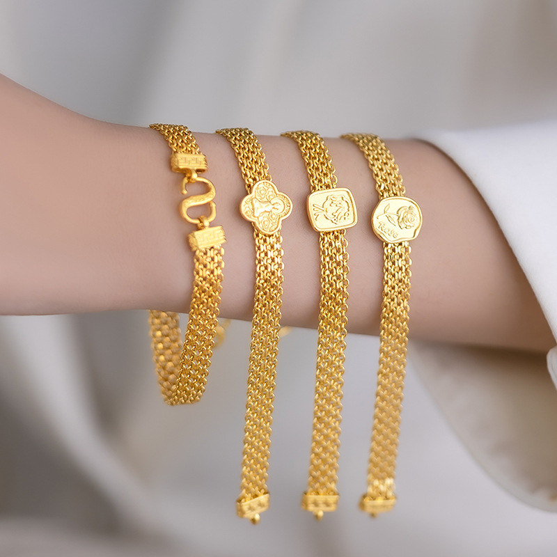 2025轻奢沙金编织小王子表盘手链镀24k金色设计感玫瑰花宽手链女