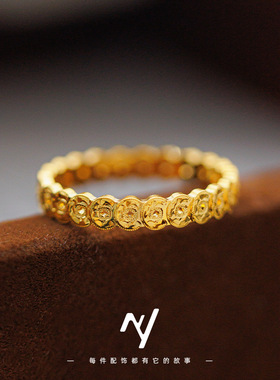 2025新款沙金碎冰钱多多铜钱戒指女轻奢镂空钱币闭口指环素圈指环