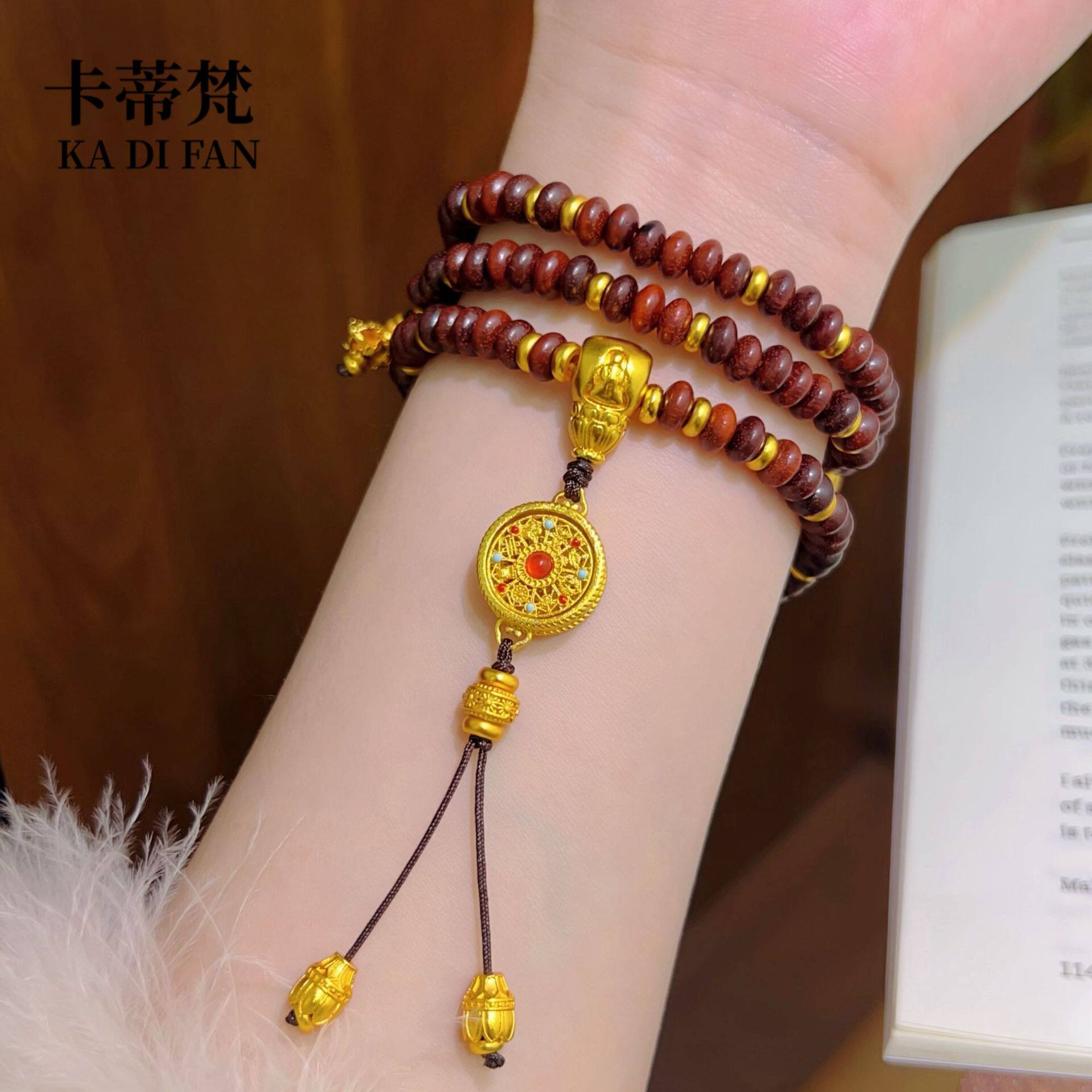 沙金珐琅转动八宝罗盘檀木算盘珠三圈手链新女式两戴款黄金色项链