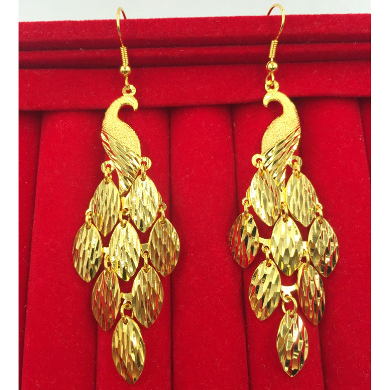 12款铜镀黄金耳环夸张孔雀沙金耳环摇摆耳坠结婚金饰品可换耳夹