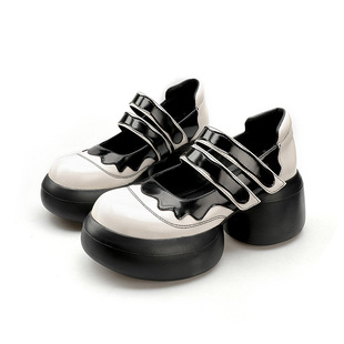 日系学院风单鞋 2024新款 厚底玛丽珍鞋 女歌手模特魔术贴拼色小皮鞋
