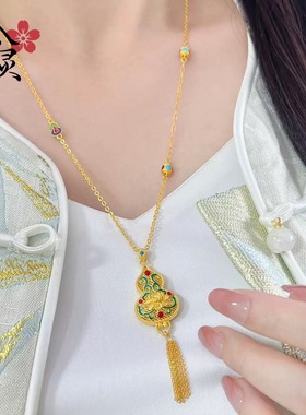 2025新女式黄金色沙金福禄生莲手链珐琅葫芦流苏项链复古国风耳饰