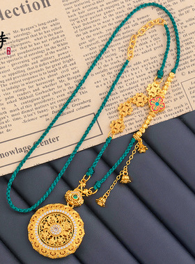 久不掉色黄金色沙金镶钻花丝如意吉祥八宝罗盘项链铃兰花女士吊坠