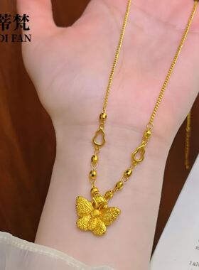 淑女沙金錾刻蝴蝶吊坠黄金色镂空葫芦项链精致镭射珠珠锁骨链衣链