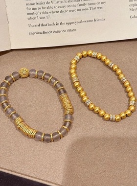 玉生烟清冷感冰透灰玛瑙沙金锤纹盘缠手链叠戴跑环点钻铜镀金