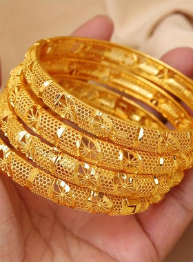2025新款爆款女式沙金镂空手镯子欧美迪拜女士金黄色手环婚礼首饰