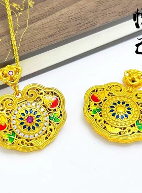 黄金色沙金珐琅彩葫芦平安锁包吊坠镂空花丝如意绳锁包挂坠女项链