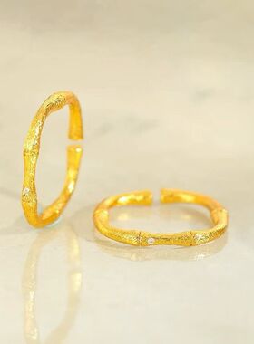 2026新款沙金方形拉丝竹节开口戒指黄金色竹报平安简约点钻指环女