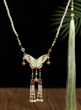 2026绿色刺绣蝴蝶长璎珞背云流苏衣链新中式马面裙配饰古风项链女