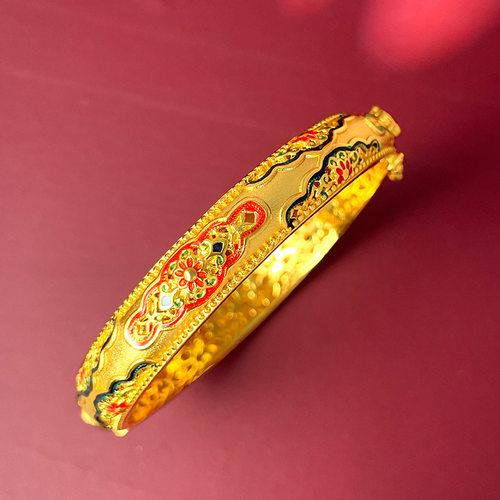 新款古沙金镯子镀黄金花开富贵卡扣手镯花丝鎏彩镂雕工艺仿真