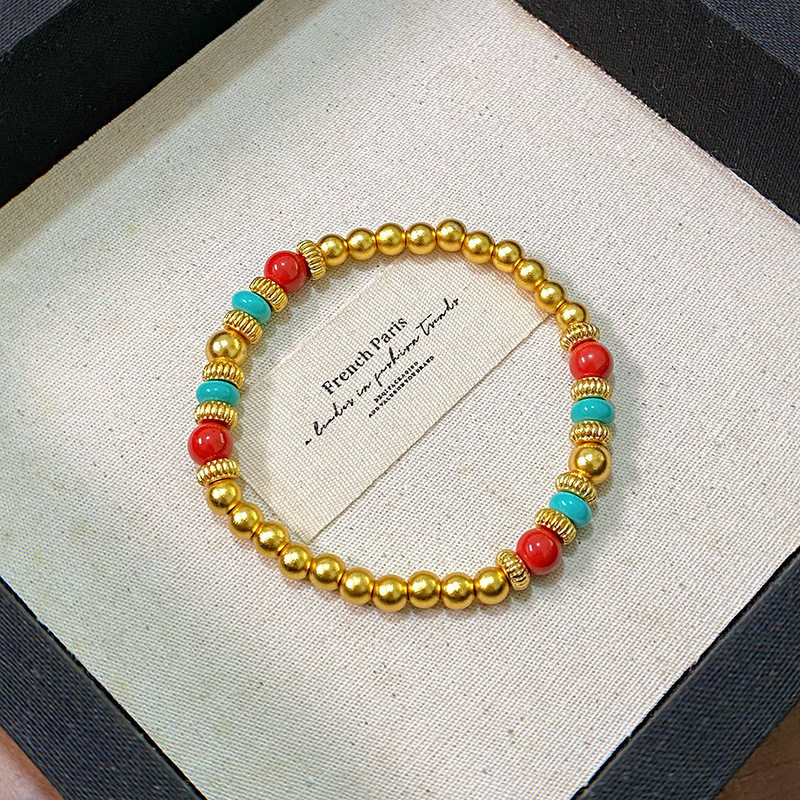 古法沙金南瓜珠绿松石手串弹力绳百搭手链铜镀金叠戴素珠玛瑙