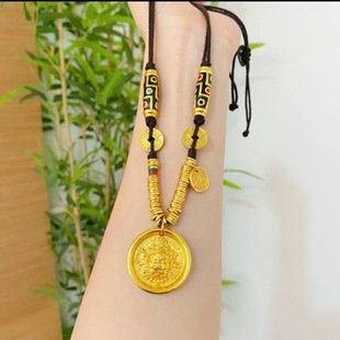 2025新款沙金黄财神盘缠黑绳项链女士九眼天珠铜钱币编绳毛衣链男