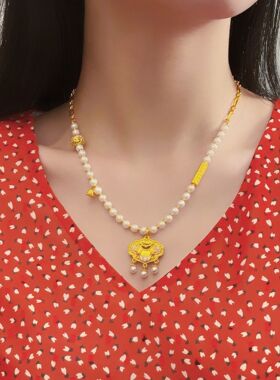 十里红妆蜜粉莲花锁包珍珠项链轻奢时尚高级感女款锁骨链高档