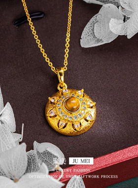 小红书爆款八芒星虎眼吊坠沙金太阳花虎眼拉丝钻石项链送女友