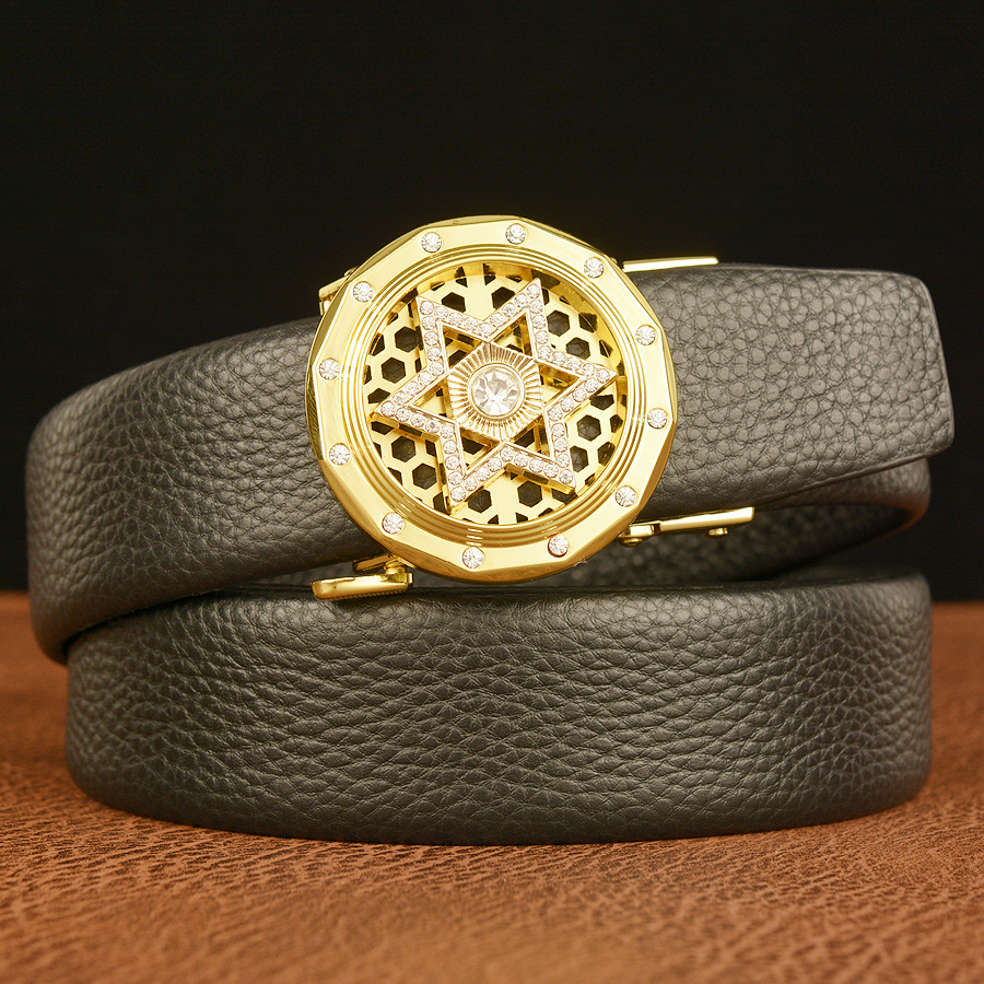 于和伟同款个性可旋转镶钻五角星自动扣腰带男士头层牛皮休闲皮带