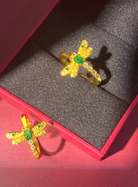 金店款蜓戒指女百搭时尚简约锆石开口食指戒沙金饰品精工高级