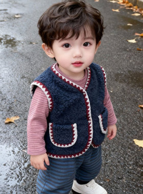 男女童双面绒马甲秋冬时尚简约款保暖背心宝宝毛边装饰坎肩Z784