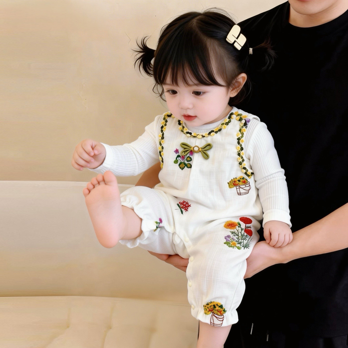 女宝连体衣春秋款花朵刺绣无袖爬服外出服婴儿国风背带裤Z5001