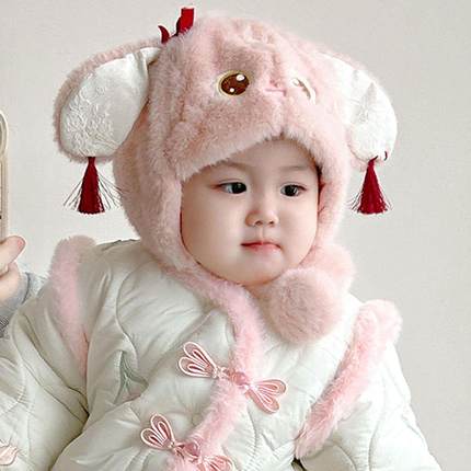 宝宝帽子秋冬季小萌兔可爱卡通帽子毛绒护耳帽女宝外出帽Z1231