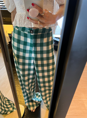 SHARLENE//2022夏季//重磅定染时髦绿格阔腿裤_高腰宽松编织长裤