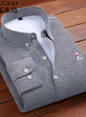 啄木鸟秋冬季加绒加厚保暖衬衫男士长袖中青年牛津纺绣花休闲衬衣