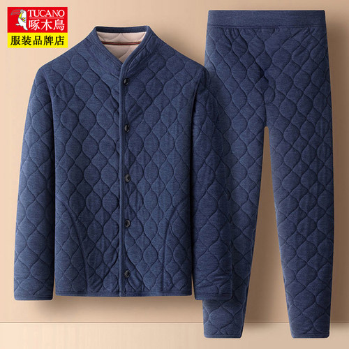 【珊瑚绒三层夹棉】啄木鸟秋冬季男女家居服套装保暖睡衣加绒厚