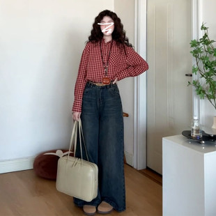 港风覆古红格子长袖衬衫女春季2025新款爆款宽松休闲 外套衬衫上