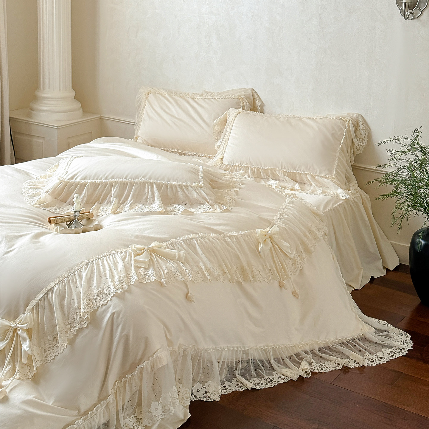 法式浪漫风蕾丝花边款纯棉四件套公主风床裙式棉质蝴蝶结床品套件