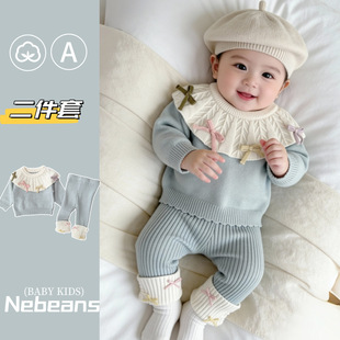 26春季新0-2岁婴幼儿针织毛线衣服开衫二件套荷叶花边领可爱衣服