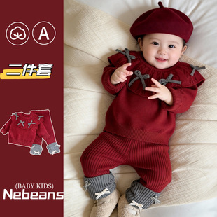 2026春女婴儿针织毛线衣服+裤子套装荷叶领花边公主套装女宝衣服