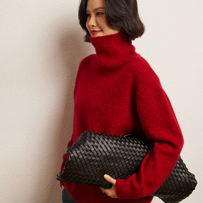 重磅加厚花纱羊绒衫女山羊绒2024冬季高领宽松针织外穿打底毛衣