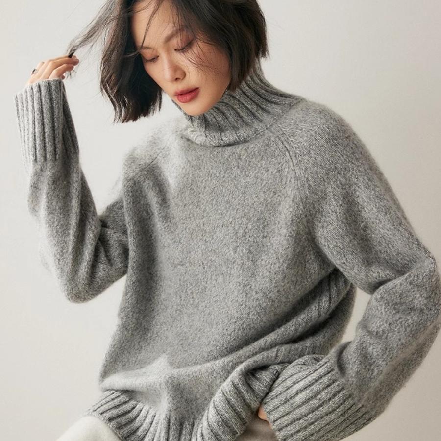 软糯亲肤花纱三股加厚baby小山羊绒衫女宽松针织衫高领慵懒风毛衣