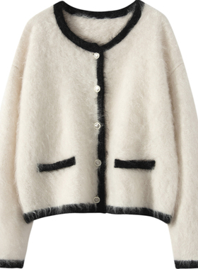 heChe 小香风拉绒A规baby100%纯山羊绒针织开衫女圆领拼色外套