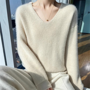 羊绒衫女v领套头宽松慵懒风加厚2023秋冬羊毛衫白色内搭打底毛衣
