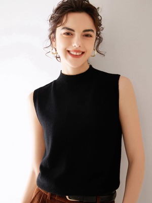 软糯亲肤~100%纯山羊绒背心女内搭秋冬半高领无袖毛衣针织马甲