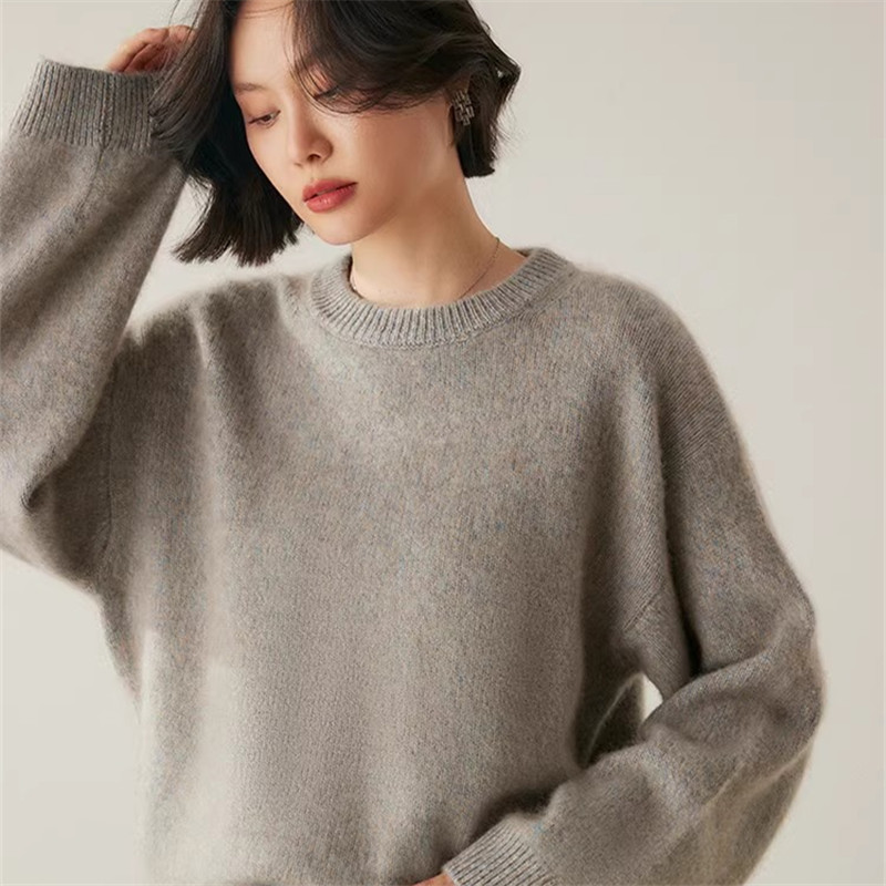 oversize~花纱落肩BABY小山羊绒衫女圆领宽松针织衫慵懒加厚毛衣
