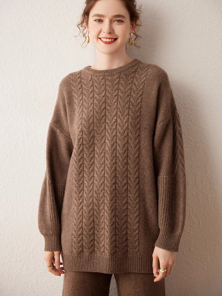 秋冬新款宽松慵懒风中长款100%山羊绒衫女重磅加厚圆领麻花毛衣